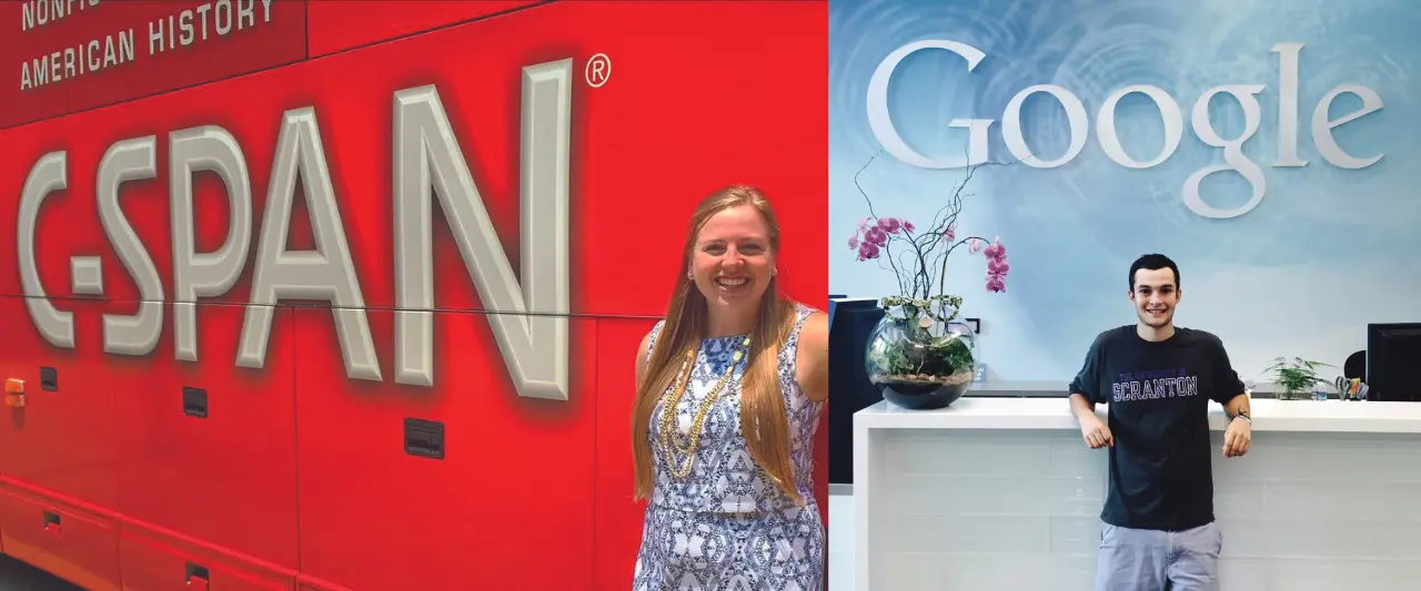 Scranton students posing for pictures in corporate offices during their internships at C-SPAN and Google