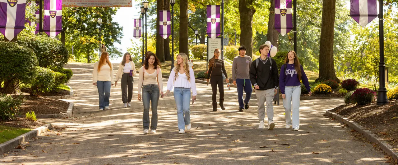 A group of eight Scranton students walk together down a tree-lined campus pathway on a sunny day